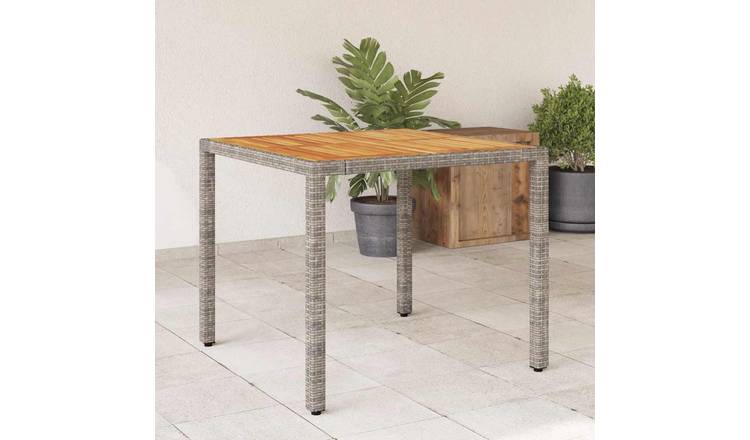 Walplus Poly Rattan Garden Table with Acacia Top - Grey - 90 x 90 x 75 cm