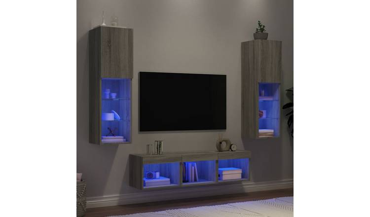Walplus Pack of 5 LED TV Wall Unit - Grey and Oak - 30.5 x 30 x 120 cm