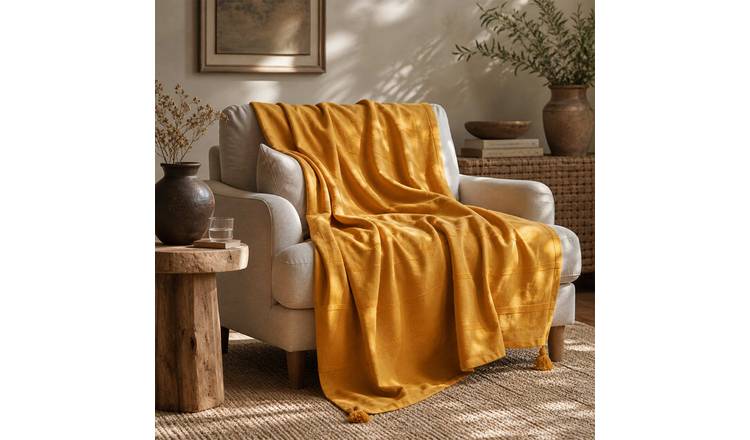 Homescapes Cotton Rajput Ribbed Throw - 225 x 255 cm - Mustard