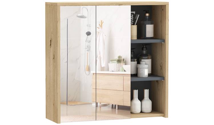 HOMCOM Bathroom Mirror Cabinet with Mirror and 2 Doors - Natural wood finish