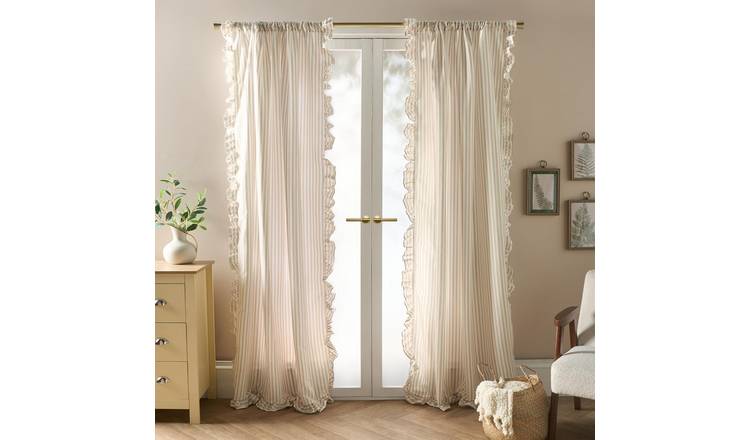 OHS Stripe Frill Voile Curtains 140 x 224cm - Natural/Cream