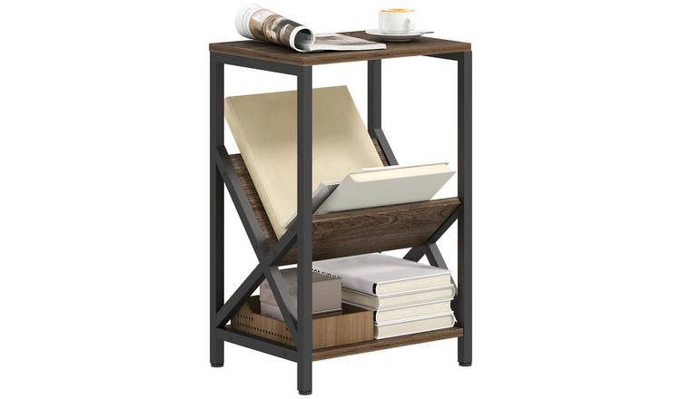 HOMCOM Narrow Industrial End Table with 3 Tier Storage - Oak