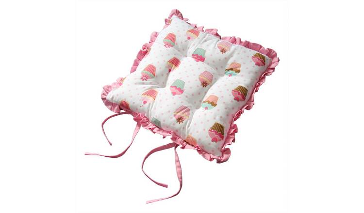 Homescapes Reversible Pink Frilled Cushion Seat Pad with Ties Cup Cakes