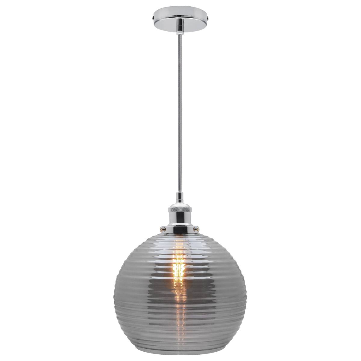 Energy Light Bulbs Smoked Sphere Ribbed Glass Ceiling Pendant Light - Grey - Image 1