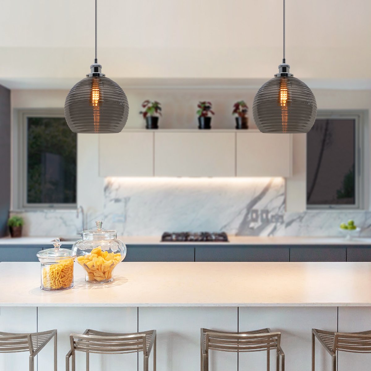 Energy Light Bulbs Smoked Sphere Ribbed Glass Ceiling Pendant Light - Grey - Image 5