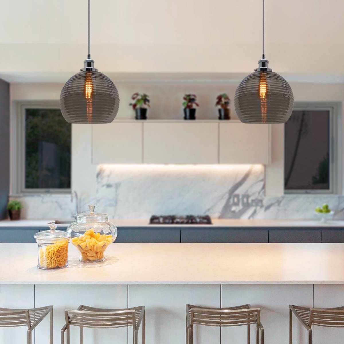 Energy Light Bulbs Smoked Sphere Ribbed Glass Ceiling Pendant Light - Grey - Image 5