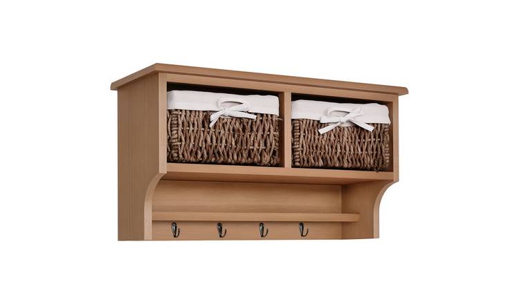 HOMCOM 2 Corn Husk Baskets & Hooks Wall Mounted Coat Rack with Shelf  – Brown
