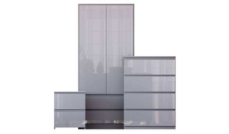 Vida Designs Glinton Bedroom Set (Bedside, 4 Drawer Chest, 2x2 Wardrobe) - Grey