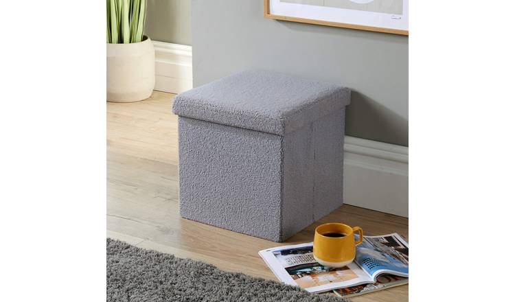 Home Source Teddy Boucle Square Folding Storage Ottoman - Grey