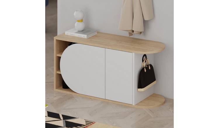 Decortie Nova Wood-Effect Bench with Curved Doors and Open Shelf - Oak / White