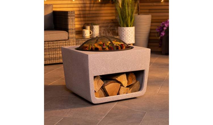 Charles Bentley Square Magnesia Fire Pit with Mesh Cover Cooking Grill - Grey