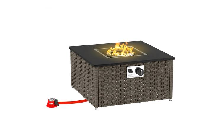 Outsunny Rattan Gas Fire Pit Table with Lid for Garden - Grey
