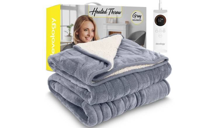 Devology Grey Shearling Electric Blanket Throw 6 Settings - Single