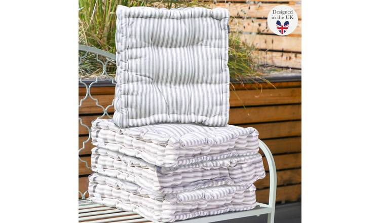 Dibor Set of 4 Striped Box Outdoor Garden Chair Cushion Seat Pads - Grey