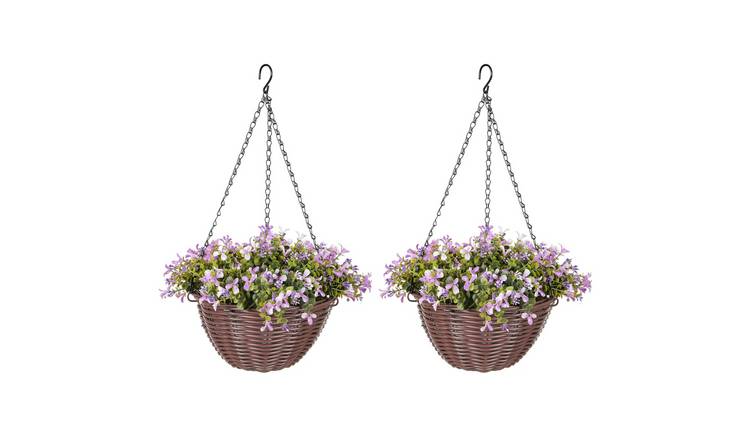 HOMCOM Set of 2 Artificial Flower with Hanging Baskets - Purple