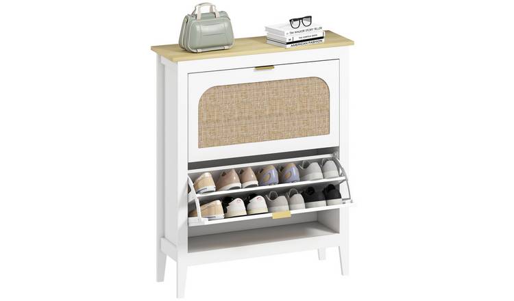 HOMCOM Rattan Storage Cabinet with 3 Flip Drawers with Rattan Doors - White