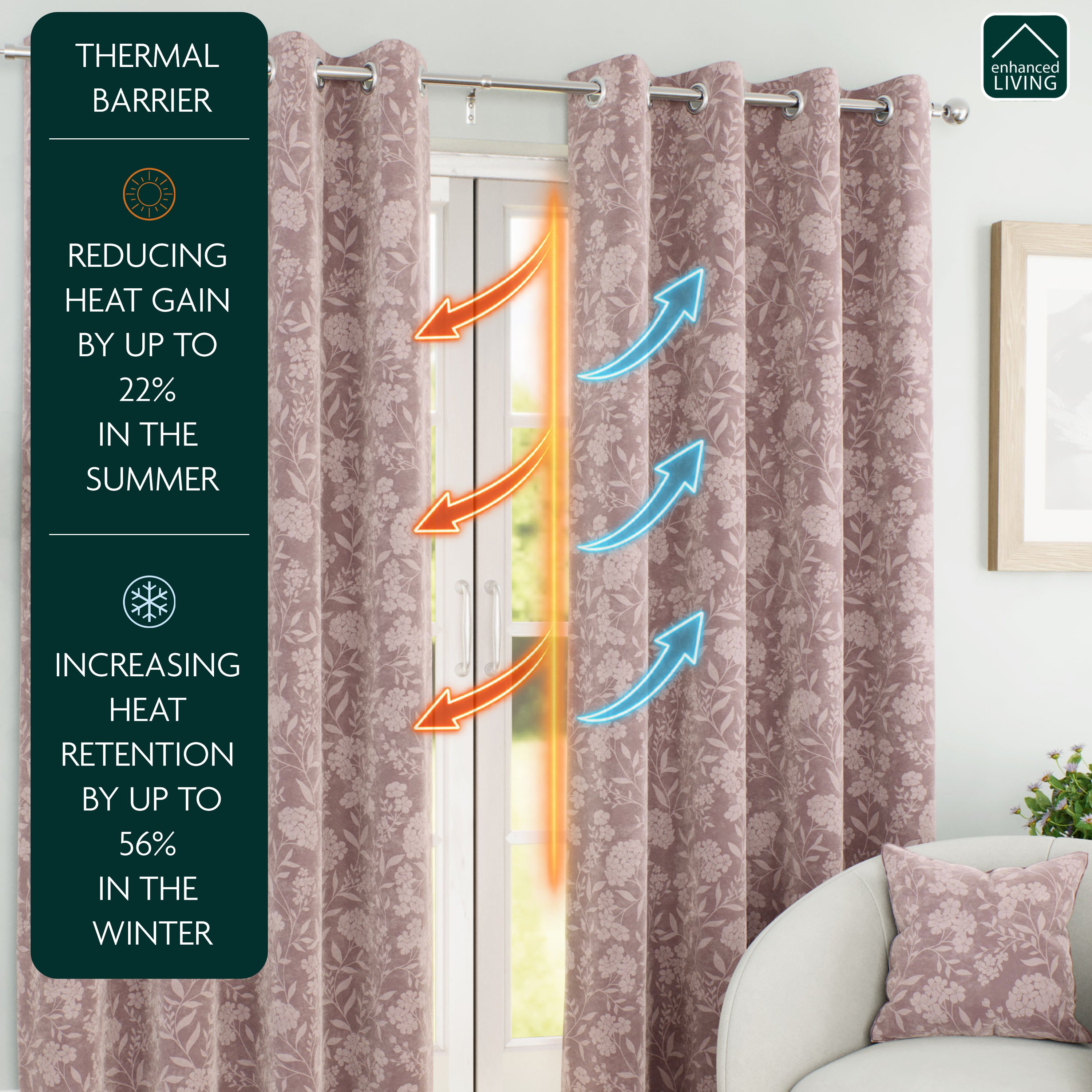 Enhanced Living Haiti Floral Blackout Eyelet Curtains - 168 x 183cm - Pink - Image 2