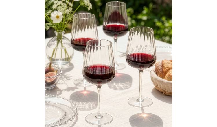 Dibor Set of 4 Glass Ribbed Red Wine Glasses - Clear