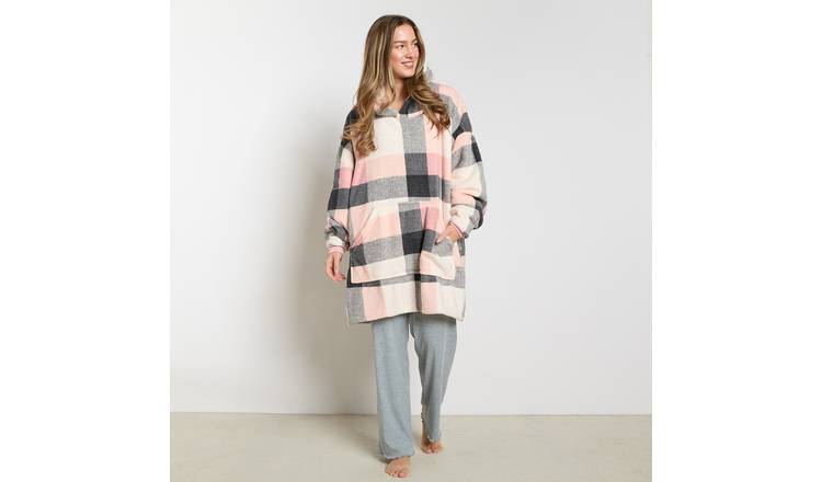 OHS Winter Check Hoodie Blanket - One Size - Blush