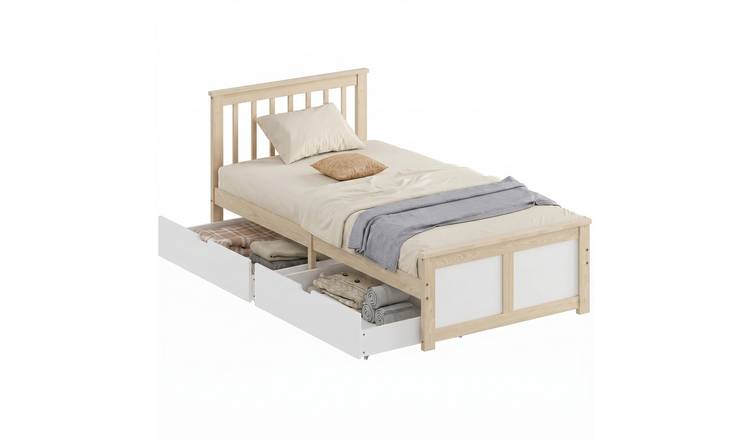 HOMCOM 3FT Single Solid Wooden Bed Frame with Drawers - Natural Wood Finish