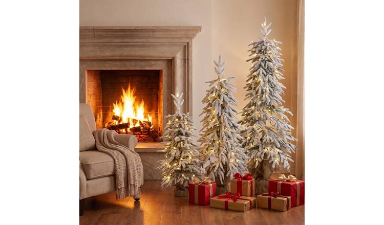 HOMCOM Set of 3 Prelit Flocked Christmas Trees 3ft 4ft 5ft - Green