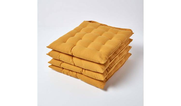 Homescapes Pack of 4 Cotton Seat Pad Chair Cushions - Mustard Yellow