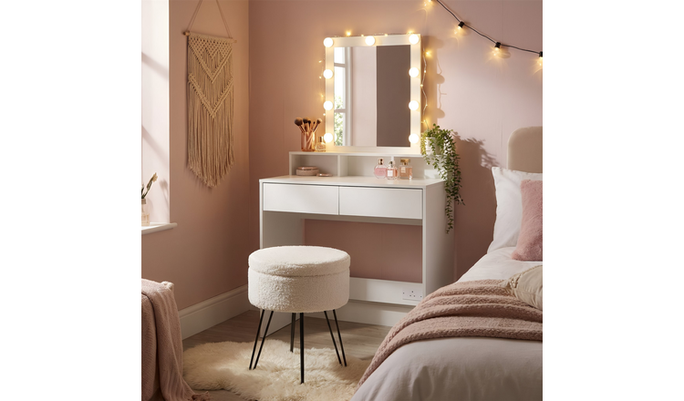 Harbour Housewares Wooden Dressing Table Set with LED Lights & Cream Stool
