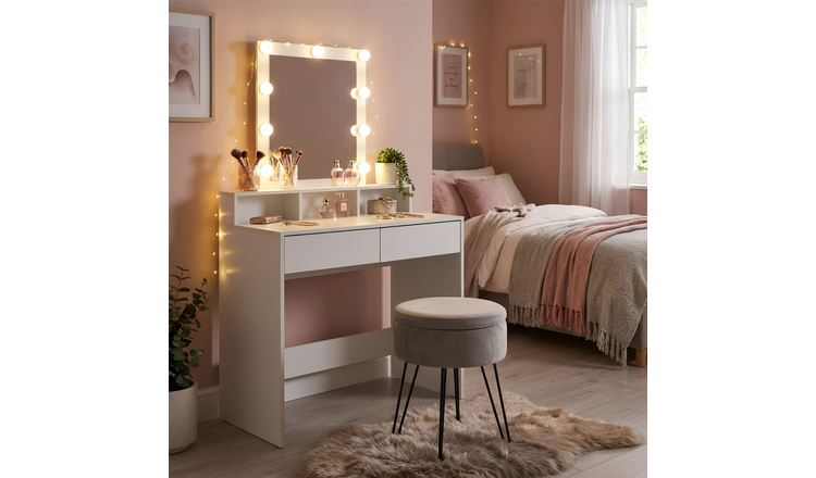 Harbour Housewares Wooden Dressing Table Set with LED Lights & Grey Stool