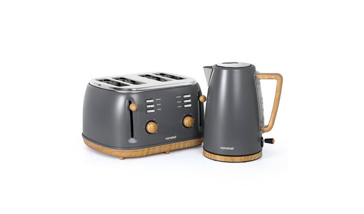 VonShef Fika 1.7L/4 Slice Kettle & Toaster Set - Nordic Grey & Wood