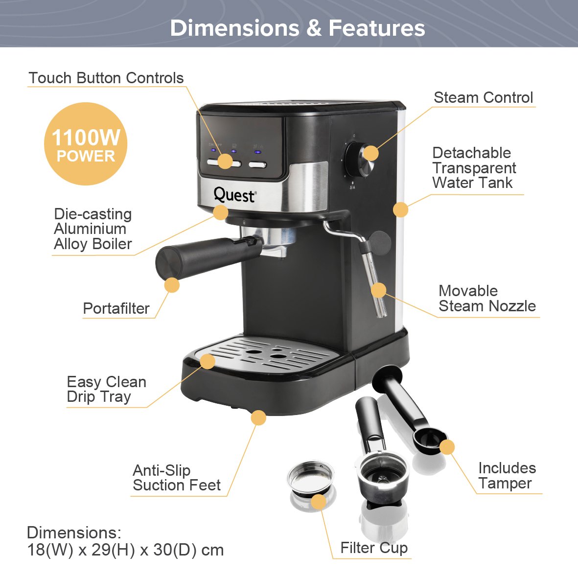 Quest Espresso Coffee Machine With 15 Bar Pressure - Black - Image 2