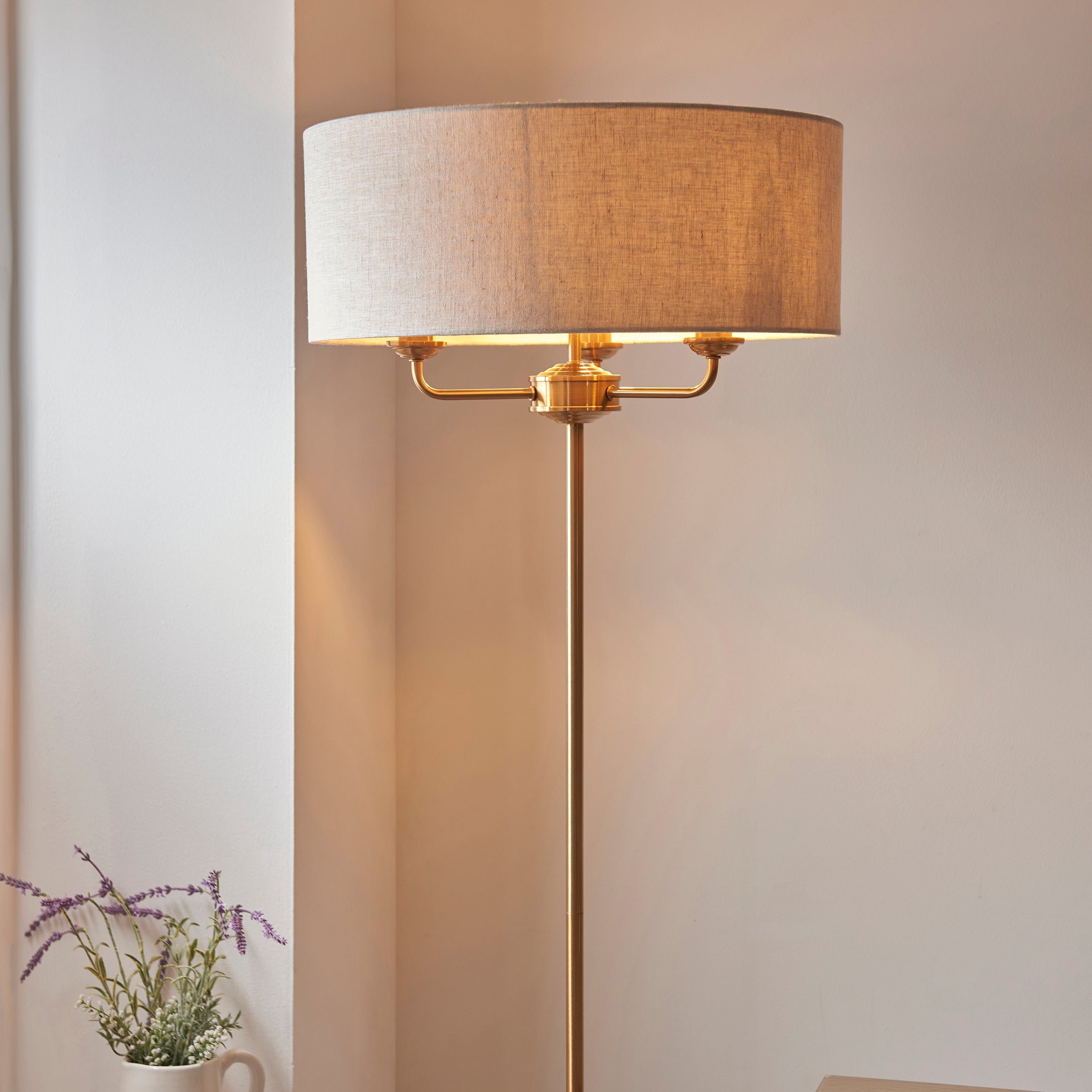 Loops Direct Pack of 2 Highclere 3-Light Floor Lamp - Brass and Linen - Image 3