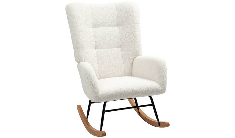 HOMCOM Teddy Rocking Chair with Wide Backrest and Rubberwood Base - Cream White