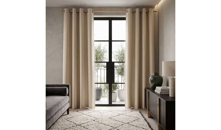 Homescapes Off Beige Plain Cotton Eyelet Curtains - 117cm x 137cm