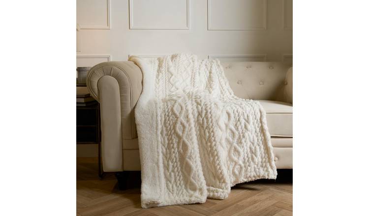 OHS Cable Knit Sherpa Blanket Throw 130 x 160cm - Cream