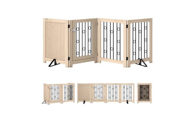 PawHut 4-Panel Foldable Lockable Door Pet Gate - 205x70cm - Oak
