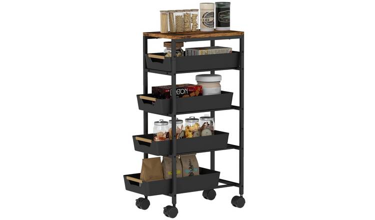 HOMCOM 5 Tier Rolling Utility Cart with 4 Pull Out Drawers - Black