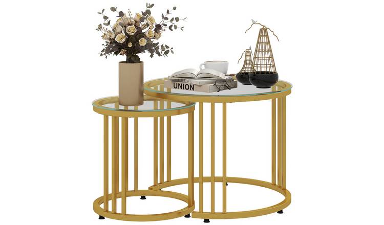 HOMCOM Set of 2 Round Tempered Glass Top Nest of Tables - Gold Tone