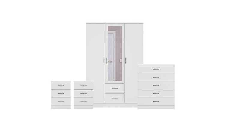 Vida Designs Riano Bedroom Set (Bedsides, 5 Drawer Chest, Mirror Wardrobe)-White