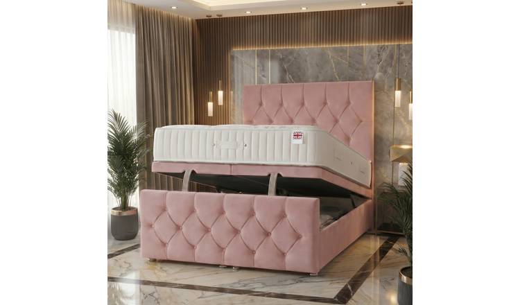 Somnior Chester Velvet Double Ottoman Bed with Ortho Mattress - Pink