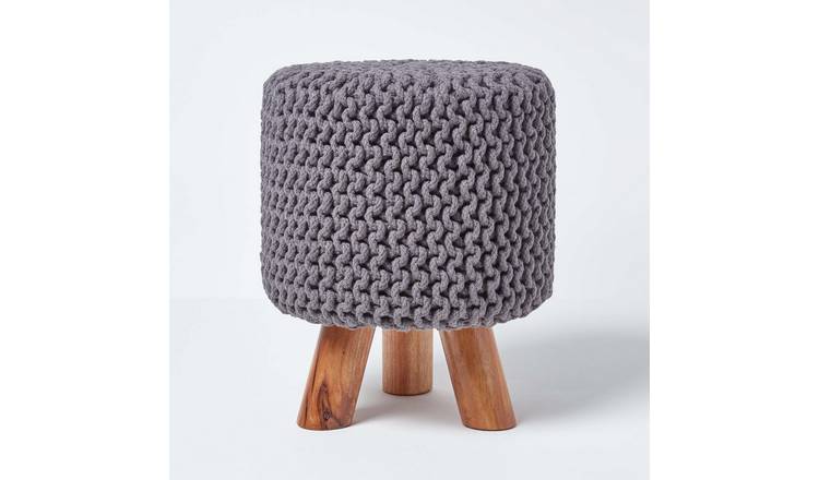 Homescapes Tall Cotton Knitted Footstool with Legs – Sea Grey