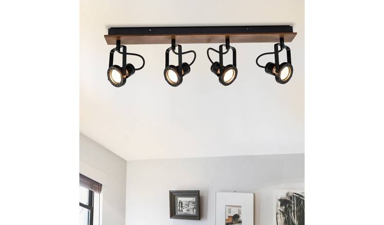 Cosylyte Riverton 4 Light Matt Black Spotlight with Walnut Wooden Backplate