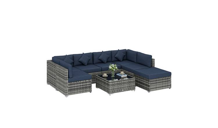 Outsunny 8 Piece PE Rattan Corner Sofa Set with Cover - Blue