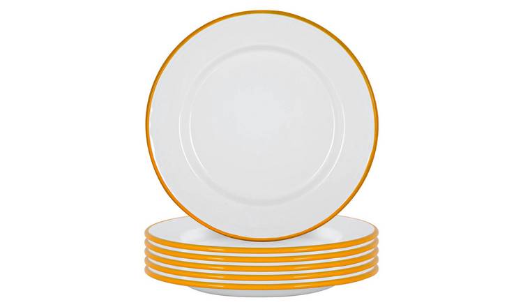 Argon Tableware White Enamel Dinner Plates Pack of 6 - Yellow