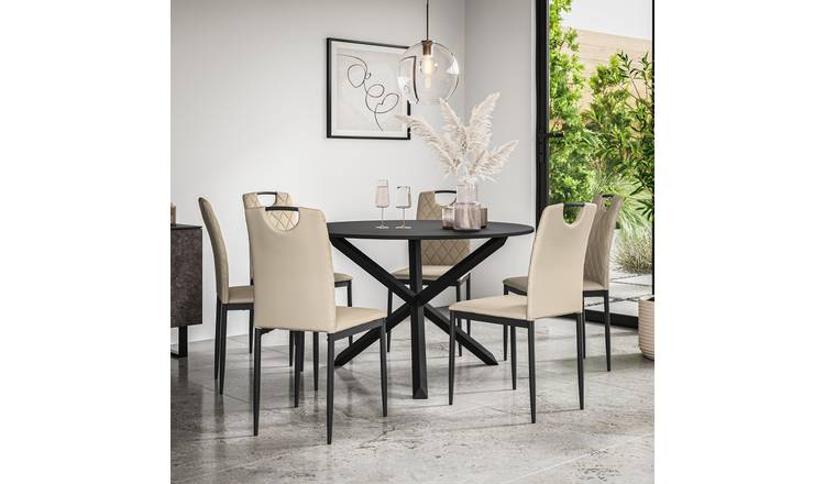 Furniture Online Malvern Monza Black Top Dining Table & 6 Beige Chairs