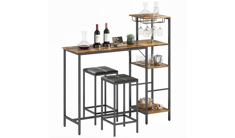 HOMCOM 3 Piece Bar Table and Stools with Glasses Holders - Rustic Brown