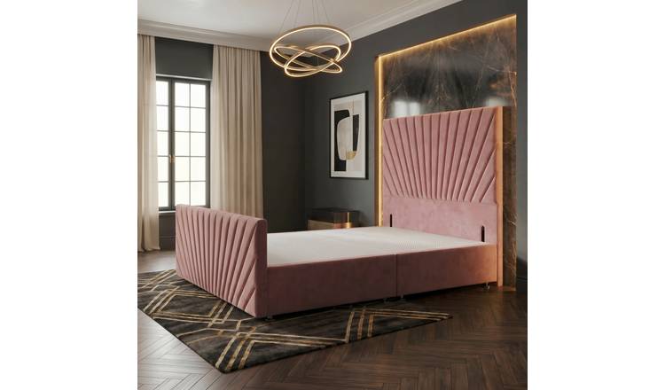 Somnior Velvet Small Single Divan Bed with Footboard & Headboard - Pink