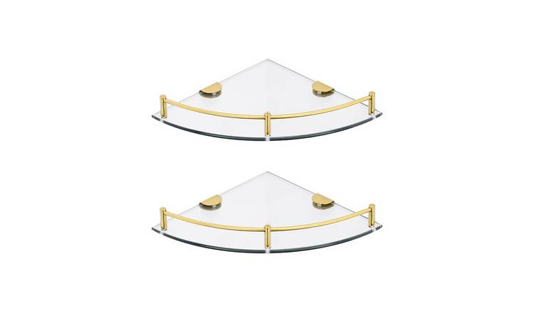 Living and Home 2Pcs Wall Mounted Glass Corner Shower Caddy- Gold