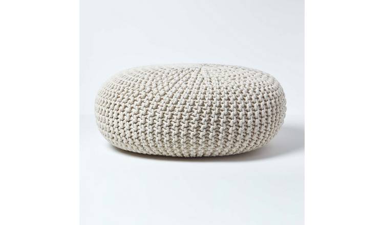 Homescapes Large Round Cotton Knitted Pouffe Footstool – Natural