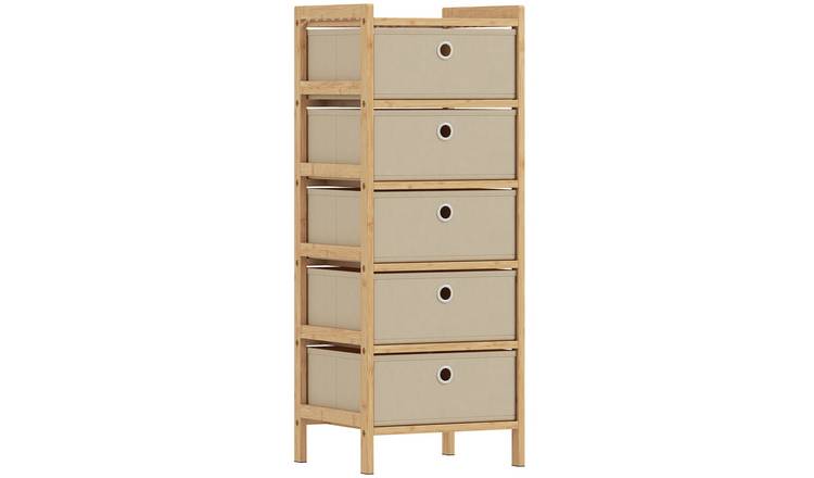 HOMCOM 5 Drawer Narrow Fabric Dresser with Bamboo Frame - Cream White