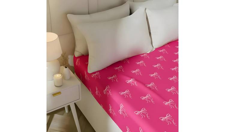 OHS Bows Print Microfibre Deep Fitted Bed Sheet Hot Pink - Single